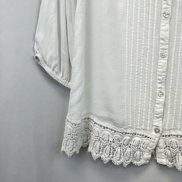 Chicos Women Button-up Blouse White 3/4 Sleeve V Neck Pin Tucks Crochet Lace S/0 - Picture 8 of 11
